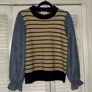 THML Striped Crewneck Sweater with Suede Puff Sleeves